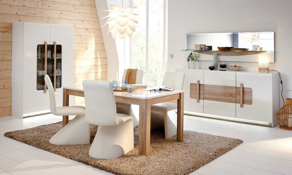 A tendência minimalista da sala MONTREAL aposta nos tons brancos e linhas simples móveis de sala de estar modernos