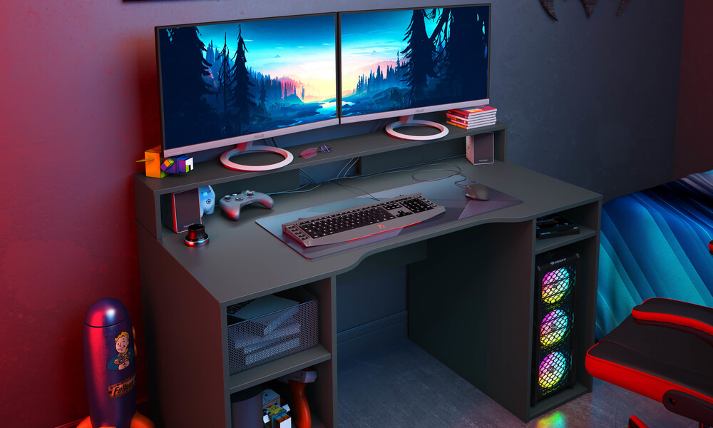A Mesa Gaming Ozone conta com suporte para ecrã, compartimento para CPU e guarda-cabos. decoração gamer